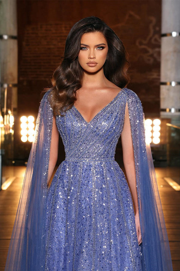 Showprettydess Purple V-Neck Cap Sleeves Prom Dress with A-Line Tulle & Appliques-showprettydress