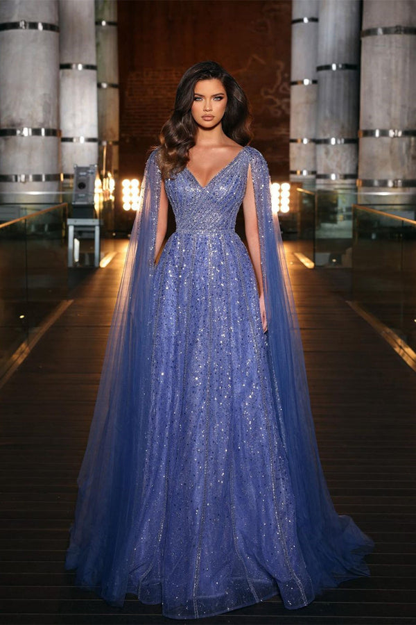 Showprettydess Purple V-Neck Cap Sleeves Prom Dress with A-Line Tulle & Appliques-showprettydress