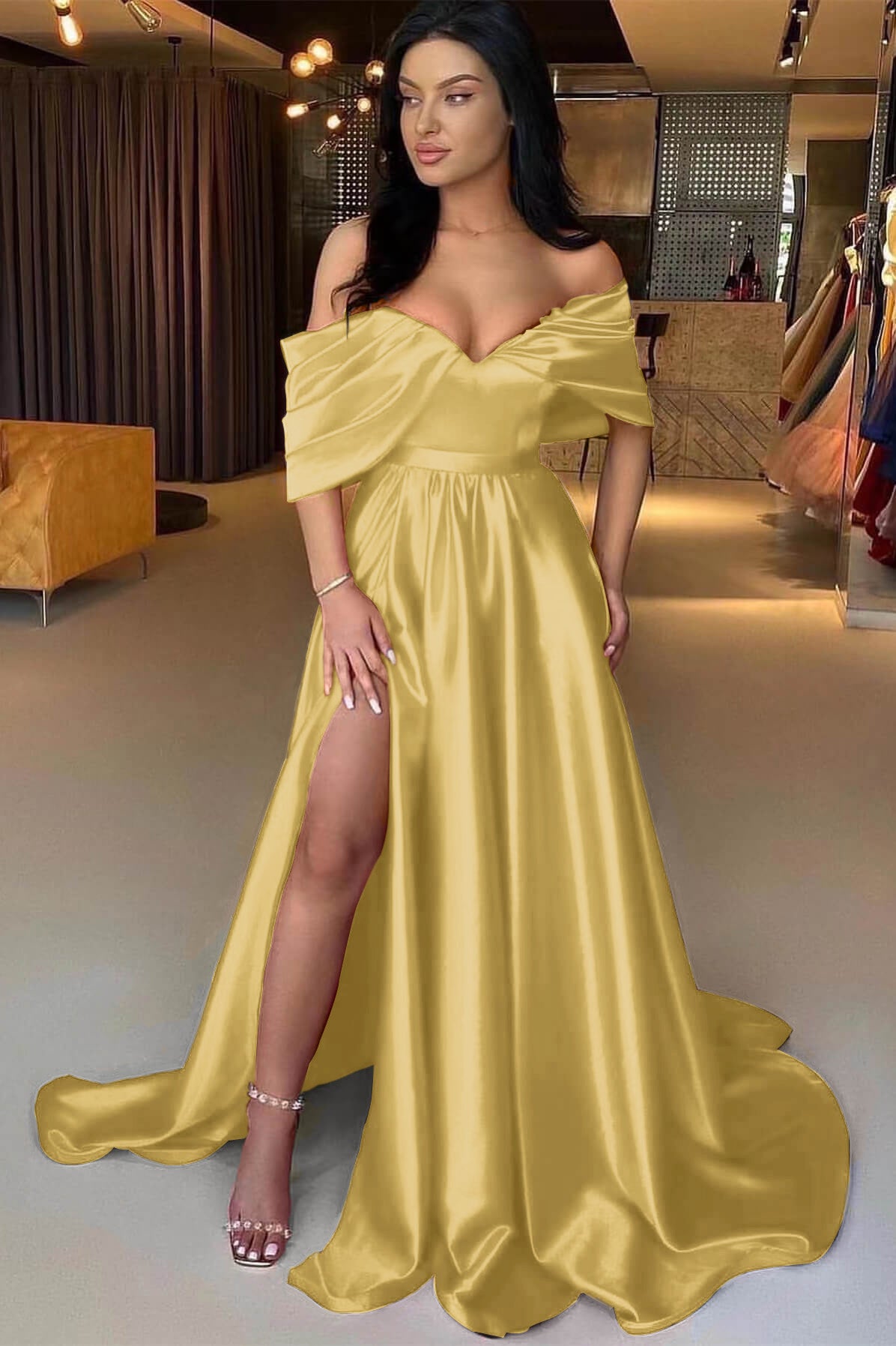 Showprettydess Red A-Line Off-the-Shoulder Prom Dress with Split-showprettydress