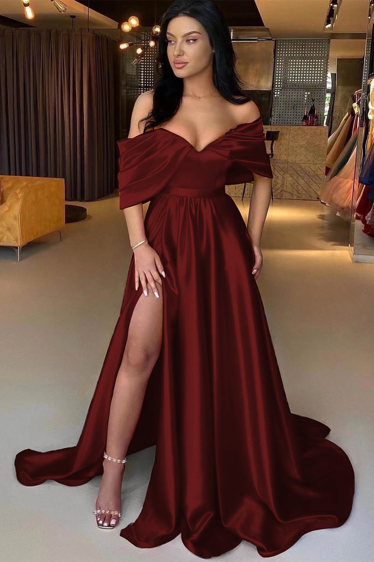 Showprettydess Red A-Line Off-the-Shoulder Prom Dress with Split-showprettydress