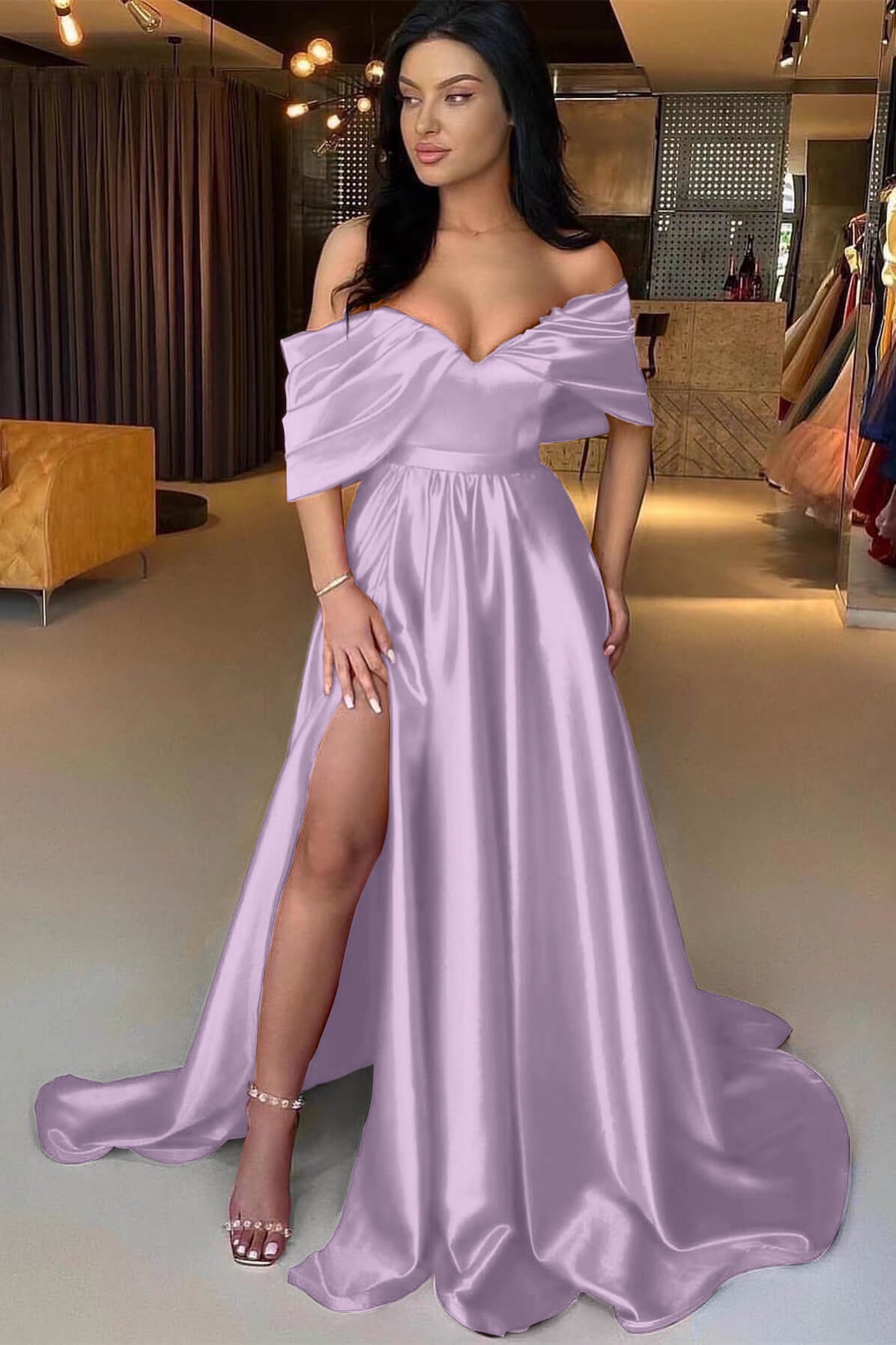 Showprettydess Red A-Line Off-the-Shoulder Prom Dress with Split-showprettydress