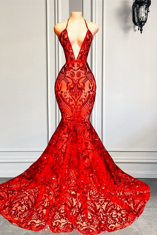 Showprettydess Red Halter Sequined Lace Prom Dress Mermaid-showprettydress