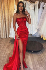 Showprettydess Red Mermaid Prom Dress Strapless with Appliques-showprettydress
