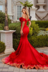 Showprettydess Red Off-the-Shoulder Beaded Long Prom Dress Mermaid Sleeveless with Feathers-showprettydress