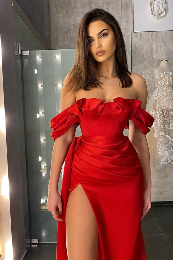 Showprettydess Red Off-the-Shoulder Split Prom Dress with Long Ruffles-showprettydress