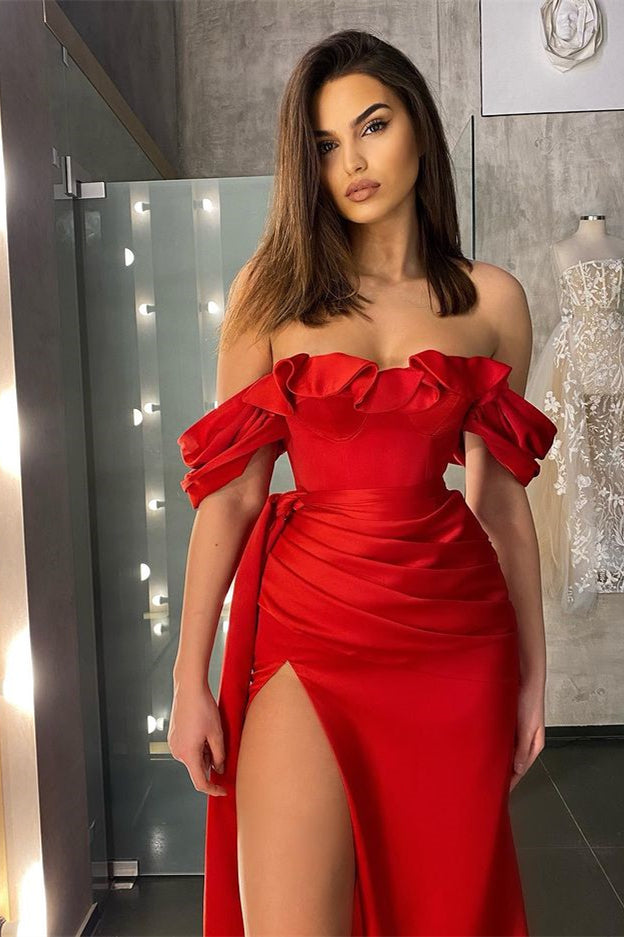 Showprettydess Red Off-the-Shoulder Split Prom Dress with Long Ruffles-showprettydress