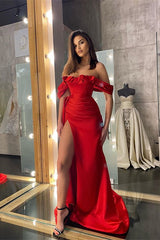 Showprettydess Red Off-the-Shoulder Split Prom Dress with Long Ruffles-showprettydress