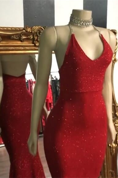 Showprettydess Red Sleeveless Mermaid Prom Dress with Sequins-showprettydress