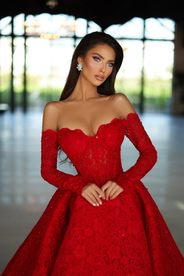 Showprettydess Red Strapless A-Line Prom Dress with Long Sleeves & Lace Appliques-showprettydress