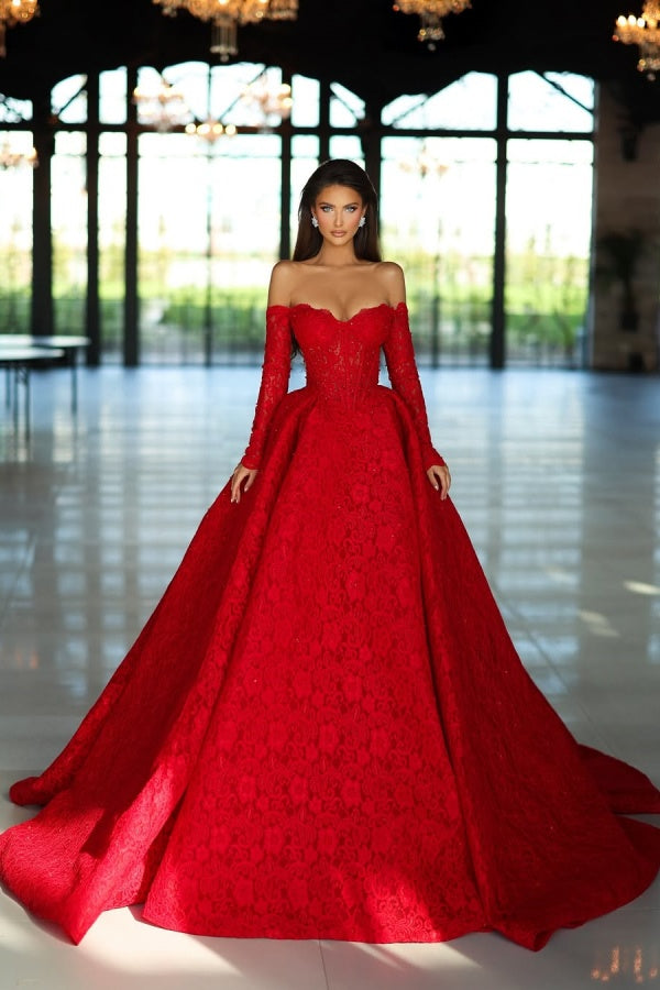 Showprettydess Red Strapless A-Line Prom Dress with Long Sleeves & Lace Appliques-showprettydress