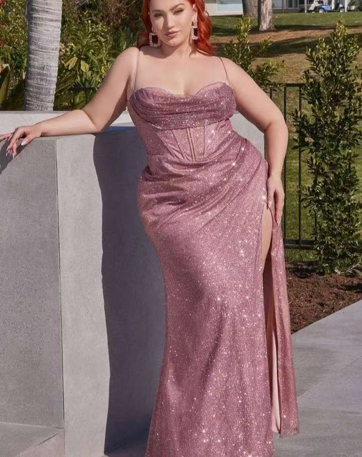 Showprettydess Rose Gold Mermaid Sequined Prom Dress with Slit & Spaghetti Straps-showprettydress