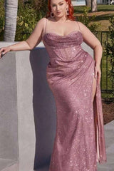 Showprettydess Rose Gold Mermaid Sequined Prom Dress with Slit & Spaghetti Straps-showprettydress
