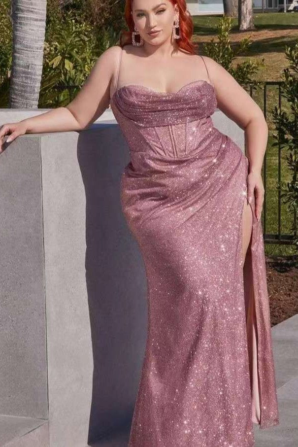 Showprettydess Rose Gold Mermaid Sequined Prom Dress with Slit & Spaghetti Straps-showprettydress