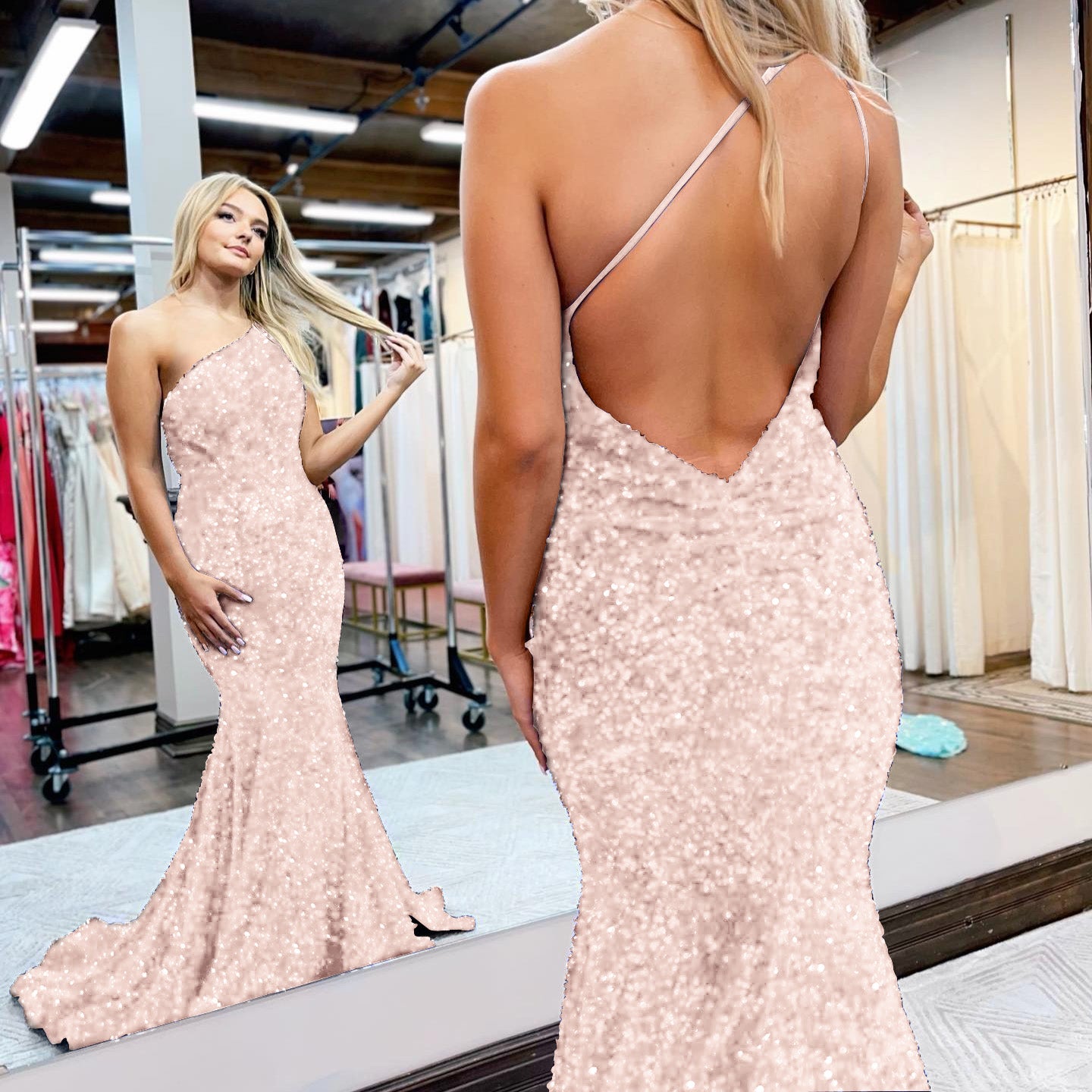 Showprettydess Royal Blue Mermaid One-Shoulder Prom Dress with Sequins-showprettydress