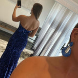 Showprettydess Royal Blue Split Strapless Mermaid Prom Dress with Sequins-showprettydress