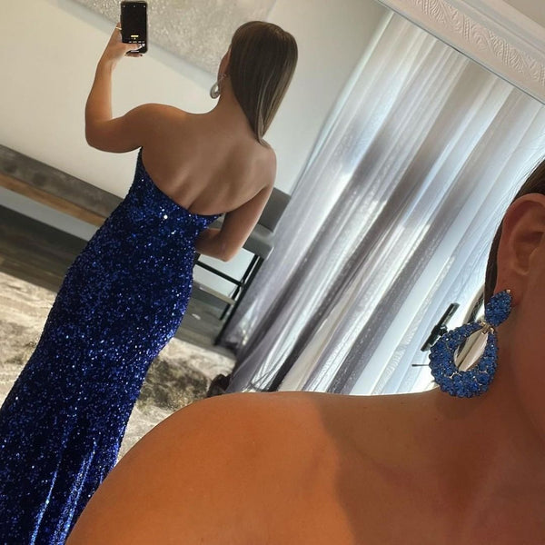 Showprettydess Royal Blue Split Strapless Mermaid Prom Dress with Sequins-showprettydress