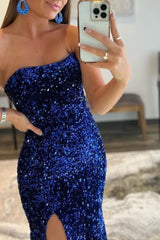 Showprettydess Royal Blue Split Strapless Mermaid Prom Dress with Sequins-showprettydress