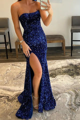 Showprettydess Royal Blue Split Strapless Mermaid Prom Dress with Sequins-showprettydress