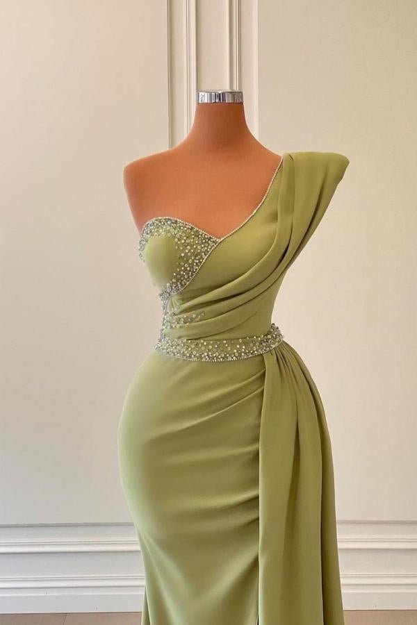 Showprettydess Sage Mermaid One-Shoulder Prom Dress with Split & Beadings-showprettydress