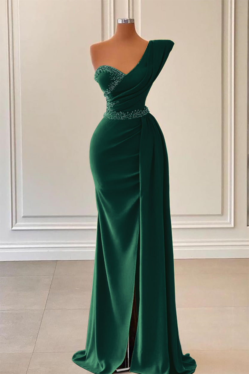 Showprettydess Sage Mermaid One-Shoulder Prom Dress with Split & Beadings-showprettydress