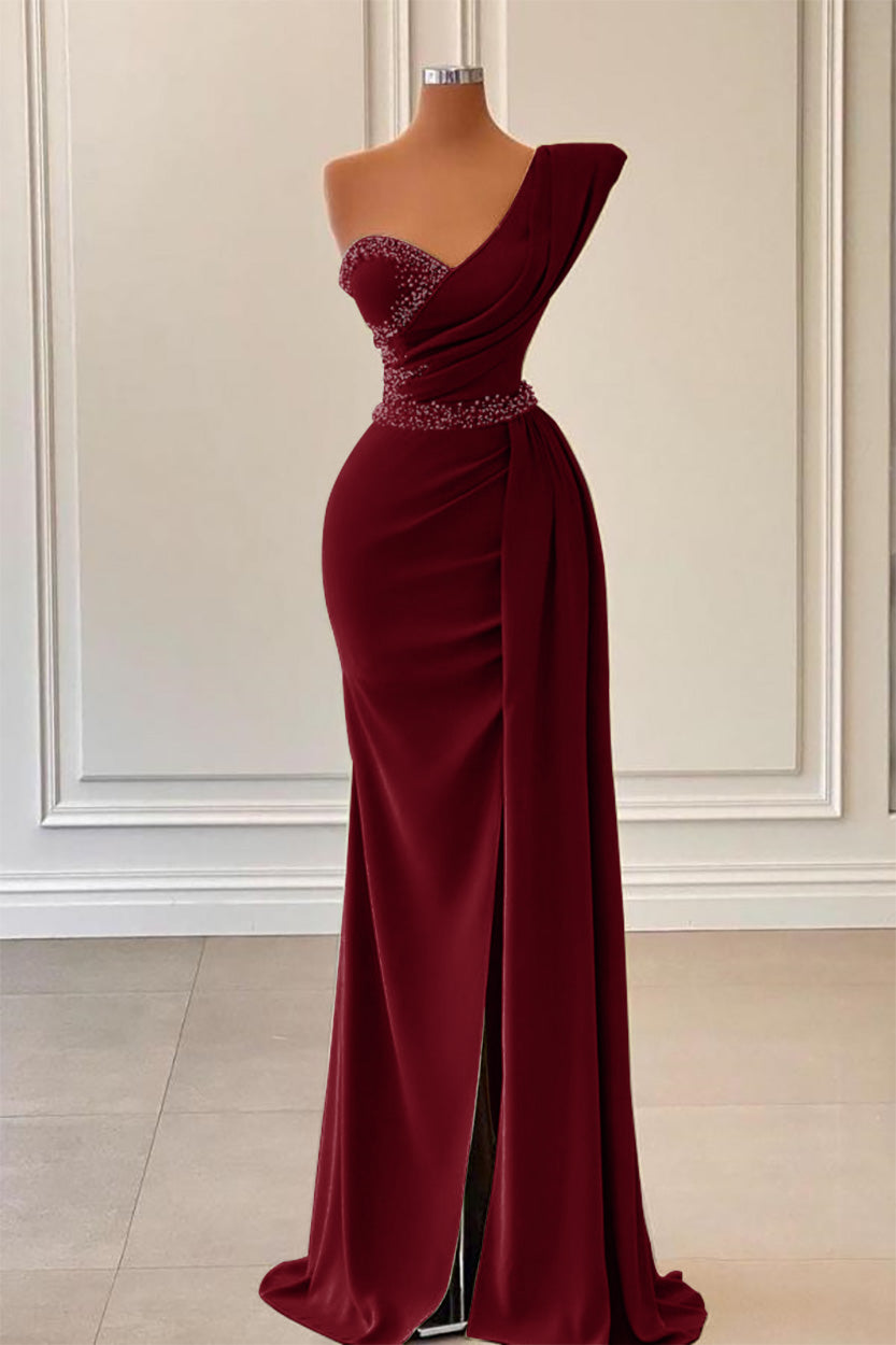 Showprettydess Sage Mermaid One-Shoulder Prom Dress with Split & Beadings-showprettydress