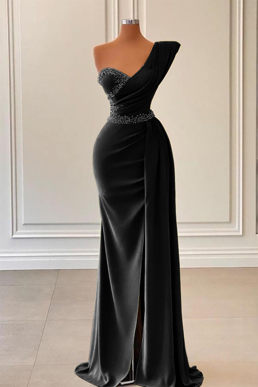 Showprettydess Sage Mermaid One-Shoulder Prom Dress with Split & Beadings-showprettydress