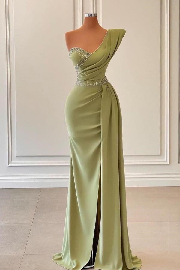 Showprettydess Sage Mermaid One-Shoulder Prom Dress with Split & Beadings-showprettydress