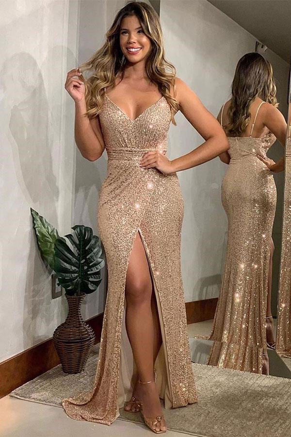 Showprettydess Sequined Evening Dress with Spaghetti Straps & Slit-showprettydress