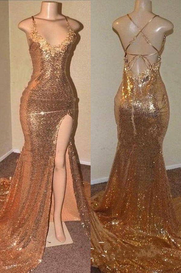 Showprettydess Sequined Mermaid Modern V-Neck Prom Dress-showprettydress
