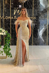 Showprettydess Sequined Off-the-Shoulder Mermaid Prom Dress with Split & Ruffles-showprettydress