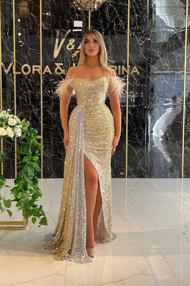 Showprettydess Sequined Off-the-Shoulder Mermaid Prom Dress with Split & Ruffles-showprettydress