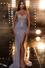 Showprettydess Sexy Slit Mermaid Beaded Strapless Prom Dress with Sequins & Tulle-showprettydress