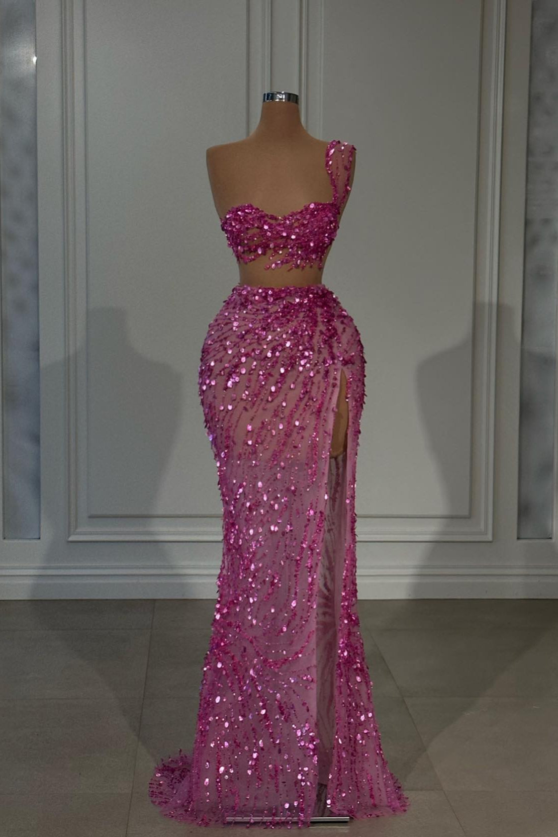 Showprettydess Shining Hot Pink Single Shoulder Strap Sleeveless Split Prom Dress-showprettydress