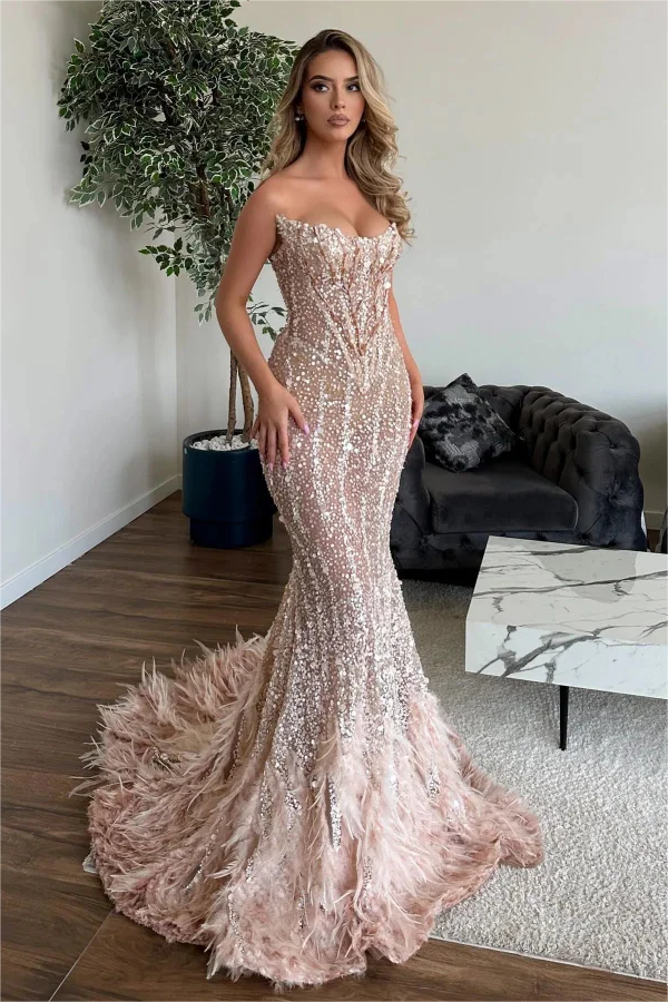 Showprettydess Shining Sequined Mermaid Prom Dress with Feathers-showprettydress
