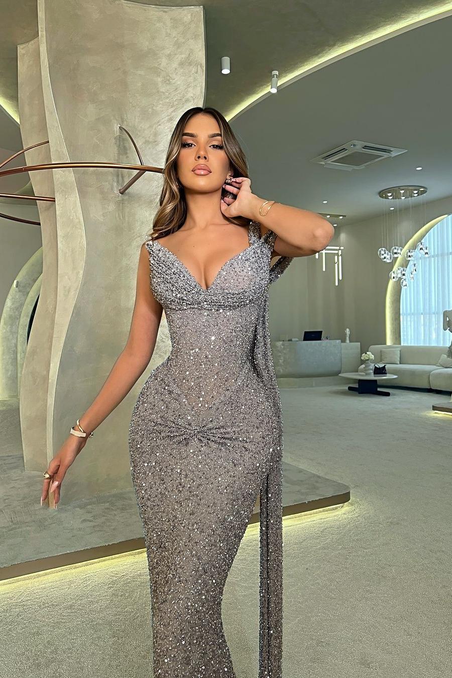 slim fit dress slacks Showprettydess Shining Silver Sleeveless One-Shoulder V-Neck Slim Prom