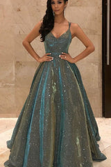 Showprettydess Shining Spaghetti-Straps V-Neck Sequined Long Sleeveless Prom Dress-showprettydress