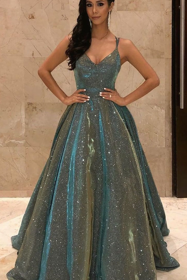 Showprettydess Shining Spaghetti-Straps V-Neck Sequined Long Sleeveless Prom Dress-showprettydress