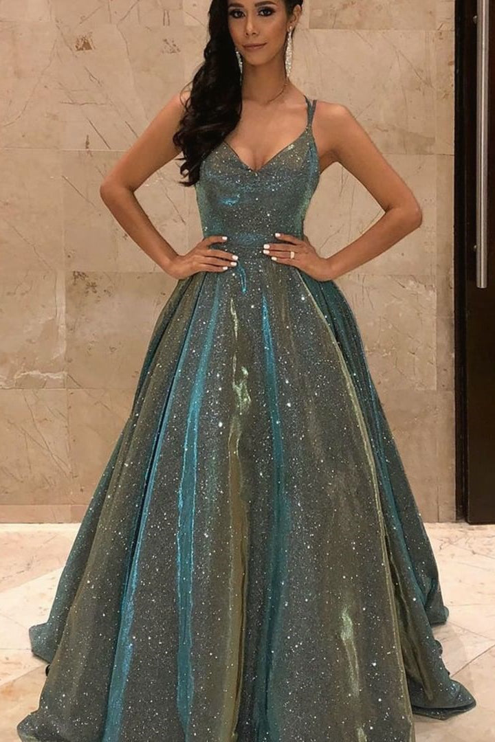 Showprettydess Shining Spaghetti-Straps V-Neck Sequined Long Sleeveless Prom Dress-showprettydress