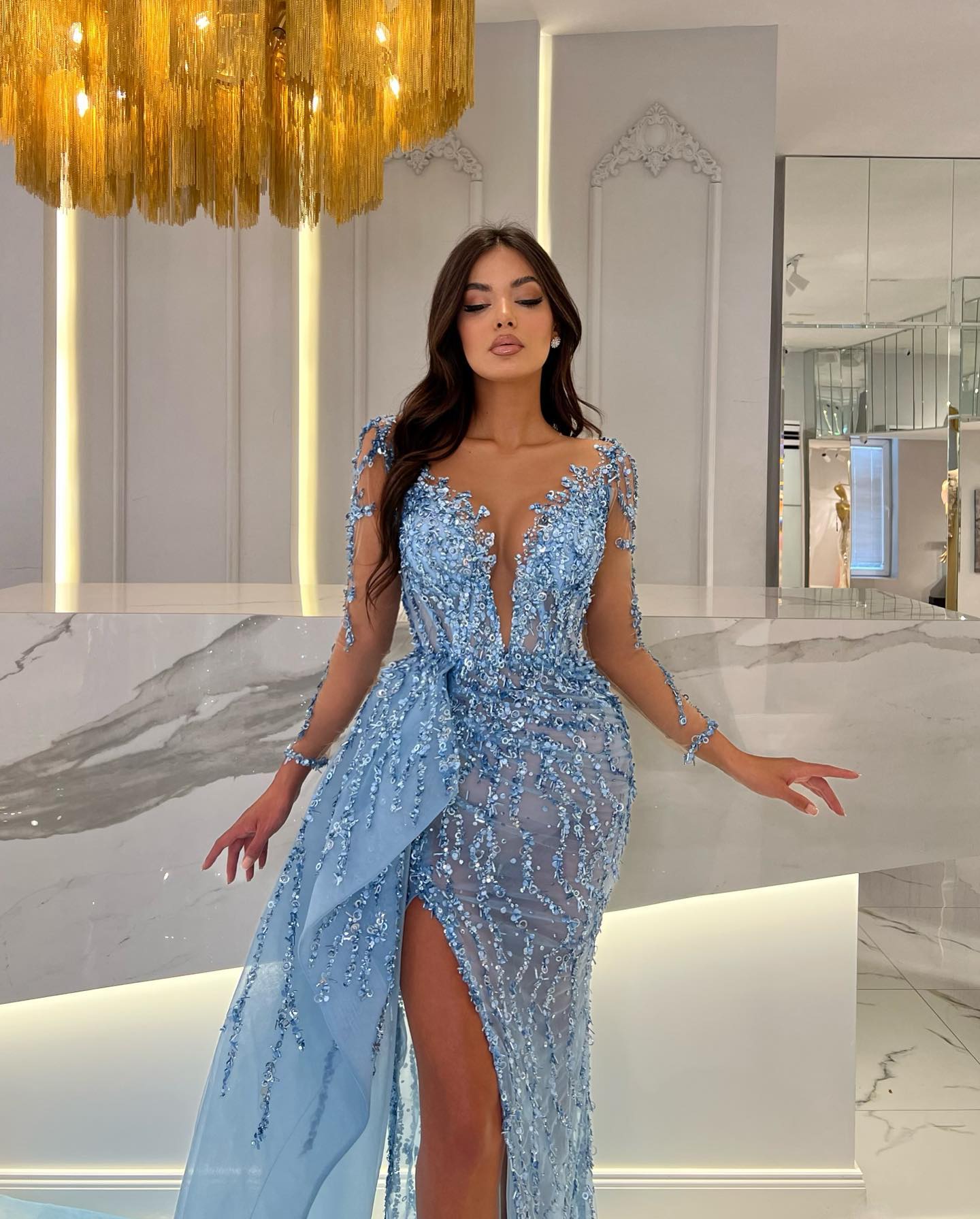 Showprettydess Shiny Blue Mermaid Prom Dress with Slit, Beading & Long Sleeves-showprettydress