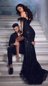 Showprettydess Shiny Off-the-Shoulder Slit Prom Dress with Sequins & Feathers-showprettydress