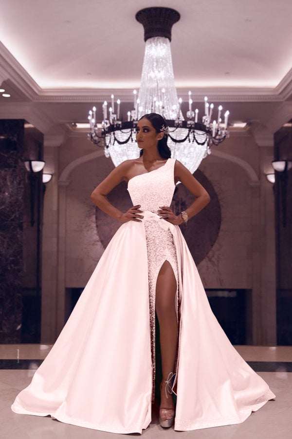Showprettydess Silvery One-Shoulder Long Split Mermaid Prom Dress with Sequins-showprettydress