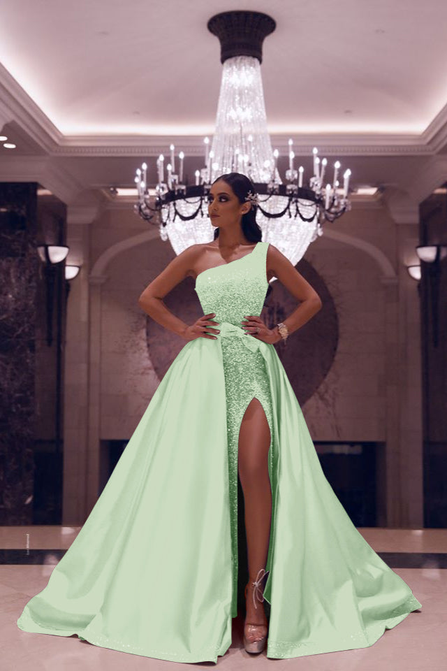 Showprettydess Silvery One-Shoulder Long Split Mermaid Prom Dress with Sequins-showprettydress