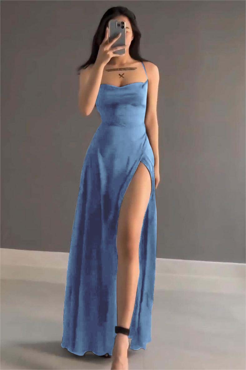 Showprettydess Simple Black Satin Spaghetti Strap Sleeveless Long Prom Dress with Split-showprettydress