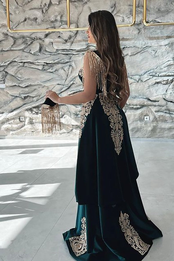 Showprettydess Sleeveless V-Neck Appliqued Split Mermaid Evening Dress in Dark Green-showprettydress