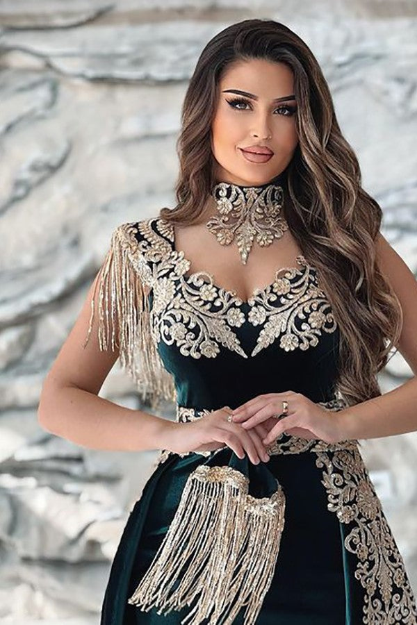 Showprettydess Sleeveless V-Neck Appliqued Split Mermaid Evening Dress in Dark Green-showprettydress
