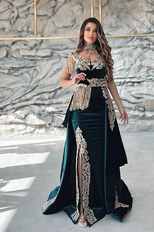 Showprettydess Sleeveless V-Neck Appliqued Split Mermaid Evening Dress in Dark Green-showprettydress