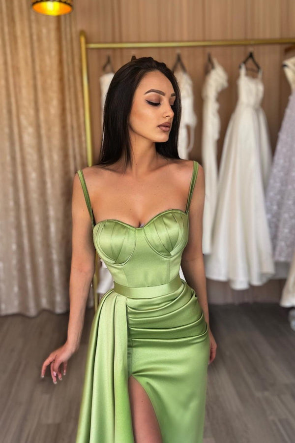 Showprettydess Spaghetti-Strap Sweetheart Sage Mermaid Evening Dress with Split-showprettydress