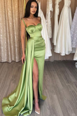 Showprettydess Spaghetti-Strap Sweetheart Sage Mermaid Evening Dress with Split-showprettydress