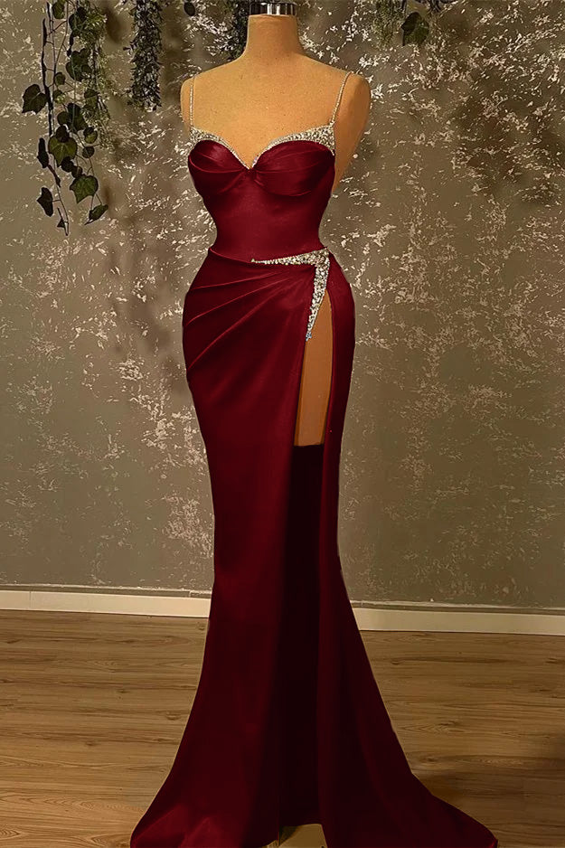 Showprettydess Spaghetti-Straps Beaded Burgundy Mermaid Prom Dress with Split-showprettydress