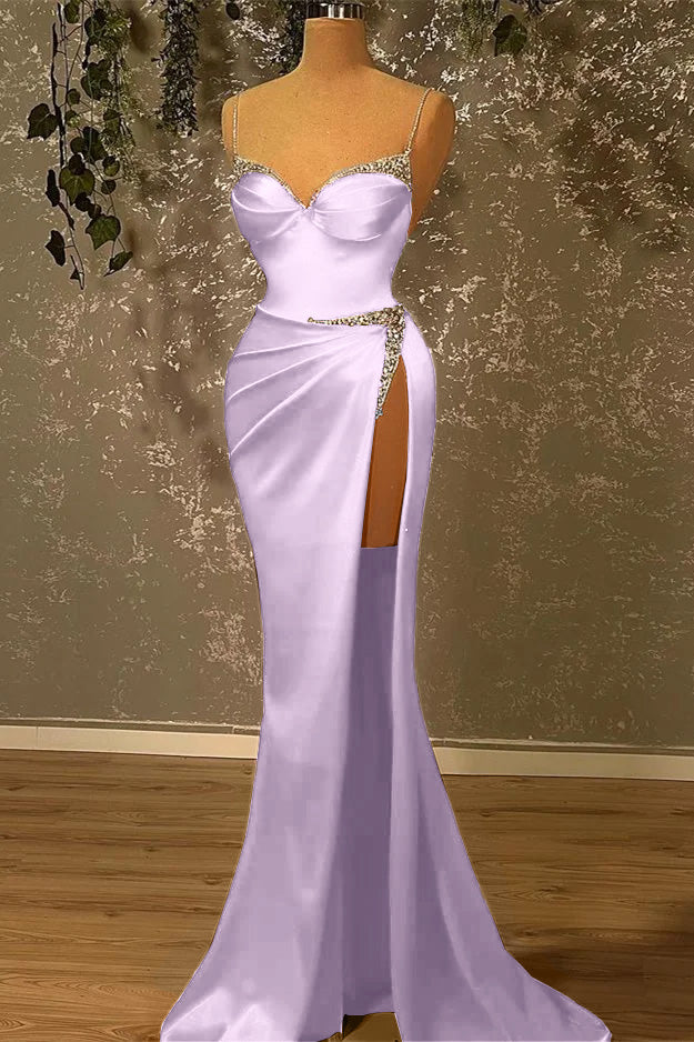 Showprettydess Spaghetti-Straps Beaded Burgundy Mermaid Prom Dress with Split-showprettydress